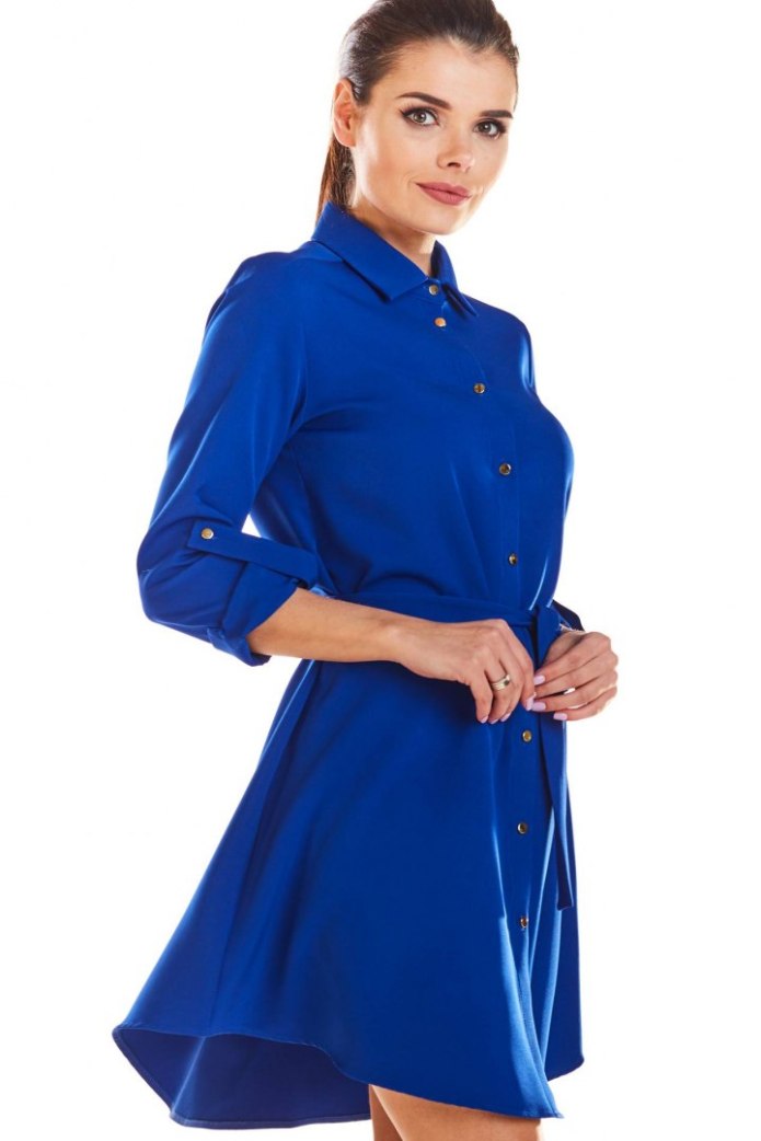 Sukienka Koszulowa Mini Zapinana Z Paskiem Wiązana - niebieska